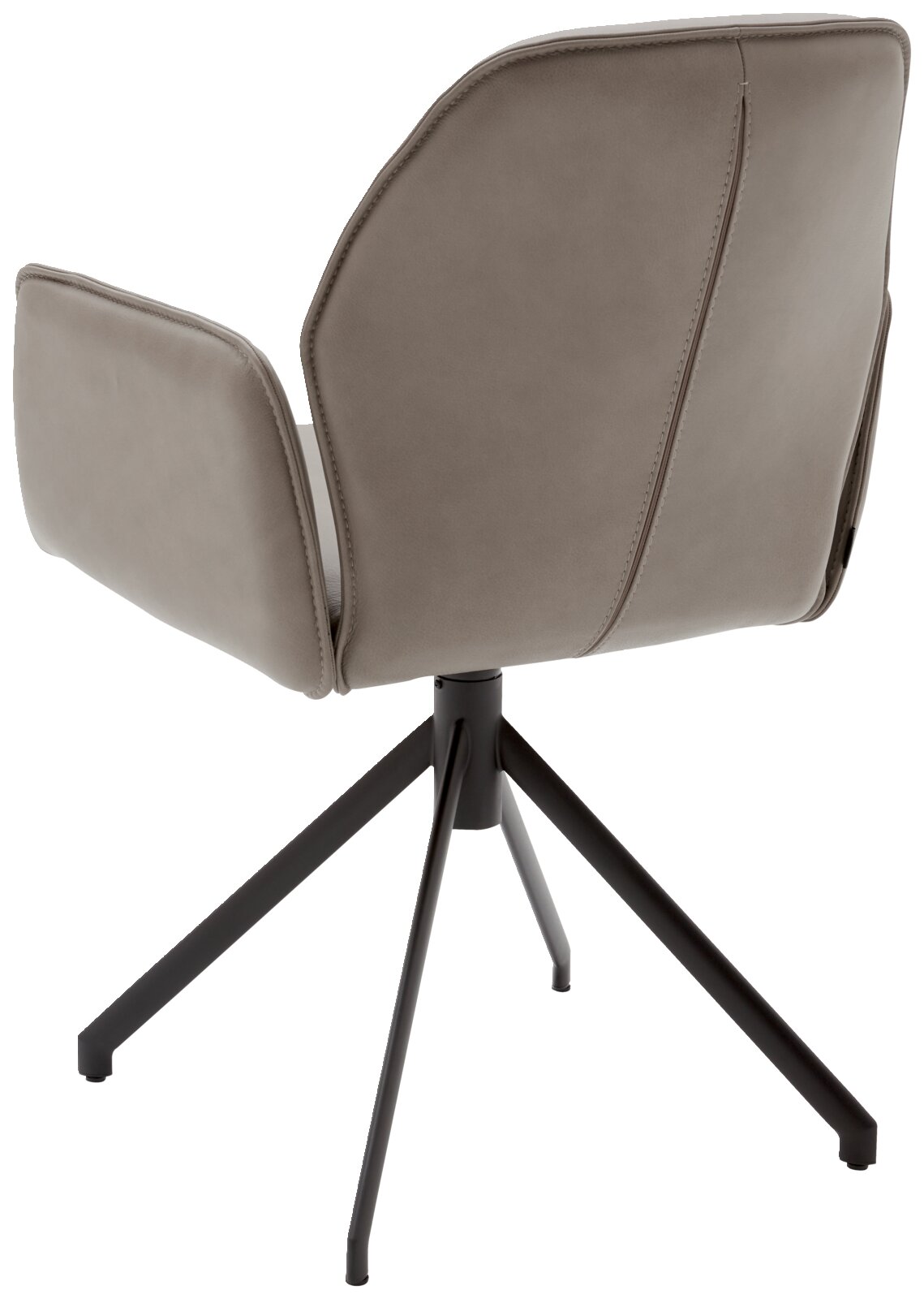 Achterkant van een moderne fauteuil met grijze bekleding en een zwart metalen frame.