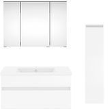Moderne Badkombination in Weiß mit Spiegelschrank, Waschbeckenunterschrank und hohem Schrank, Frontalansicht