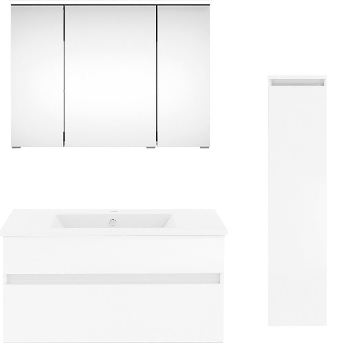 Moderne Badkombination in Weiß mit Spiegelschrank, Waschbeckenunterschrank und hohem Schrank, Frontalansicht