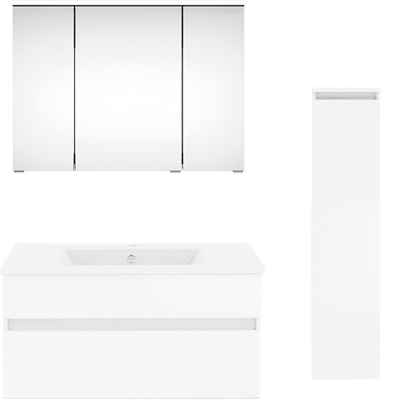 Moderne Badkombination in Weiß mit Spiegelschrank, Waschbeckenunterschrank und hohem Schrank, Frontalansicht