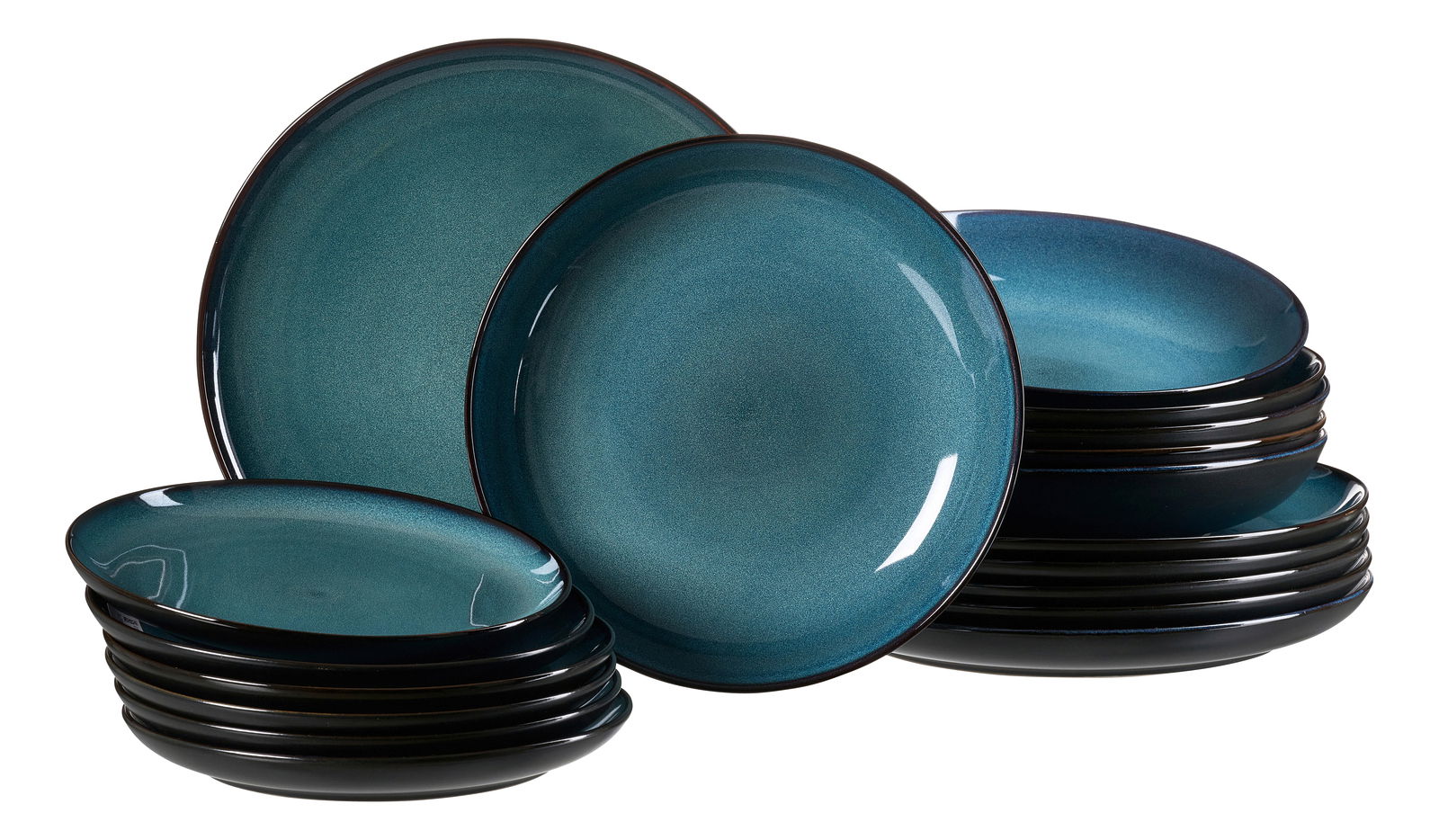 Ritzenhoff & Breker Tafelset 18-tlg. BALI Set aus 18 türkisfarbenen Tellern mit glänzender Oberfläche, gestapelt und aus seitlicher Perspektive fotografiert.