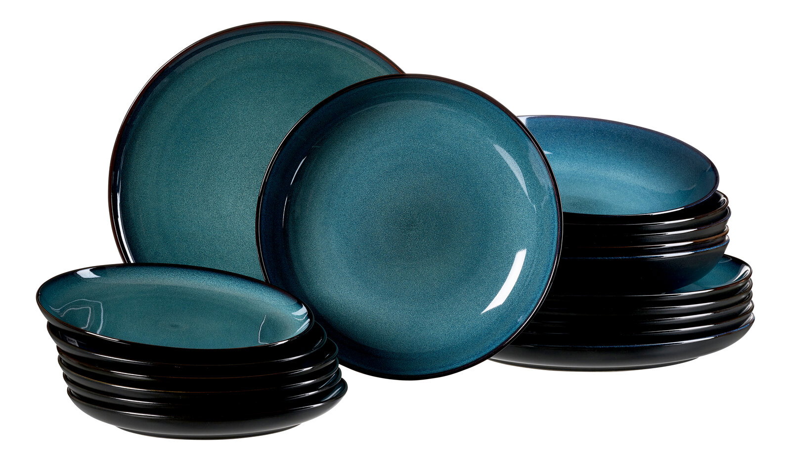 Set aus 18 türkisfarbenen Tellern mit glänzender Oberfläche, gestapelt und aus seitlicher Perspektive fotografiert.