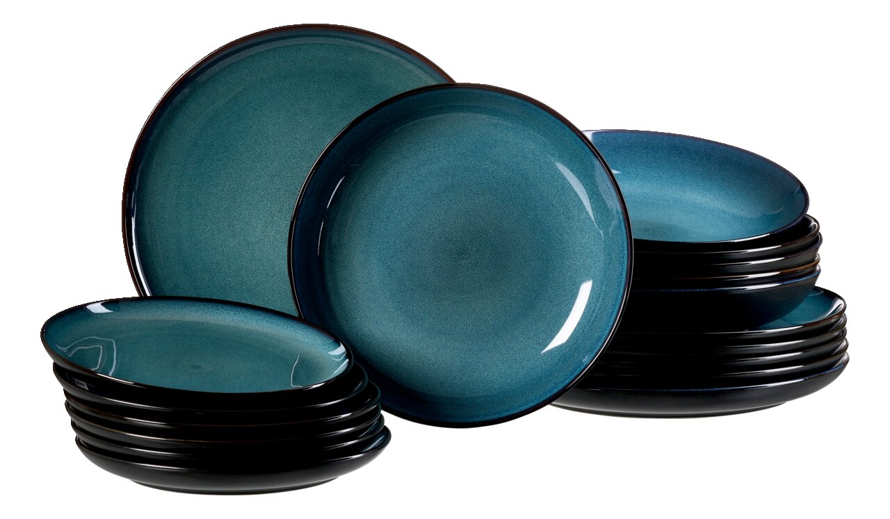 Ritzenhoff & Breker Tafelset 18-tlg. BALI Set aus 18 türkisfarbenen Tellern mit glänzender Oberfläche, gestapelt und aus seitlicher Perspektive fotografiert.