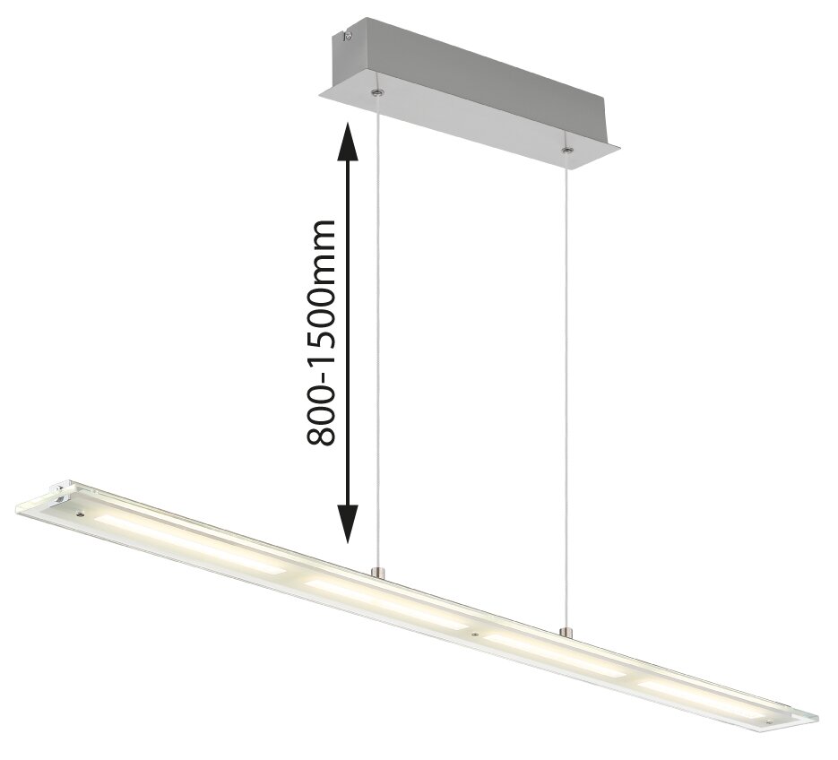 Moderne LED-Hängeleuchte in seitlicher Perspektive mit verstellbarer Höhe von 800 bis 1500 mm.