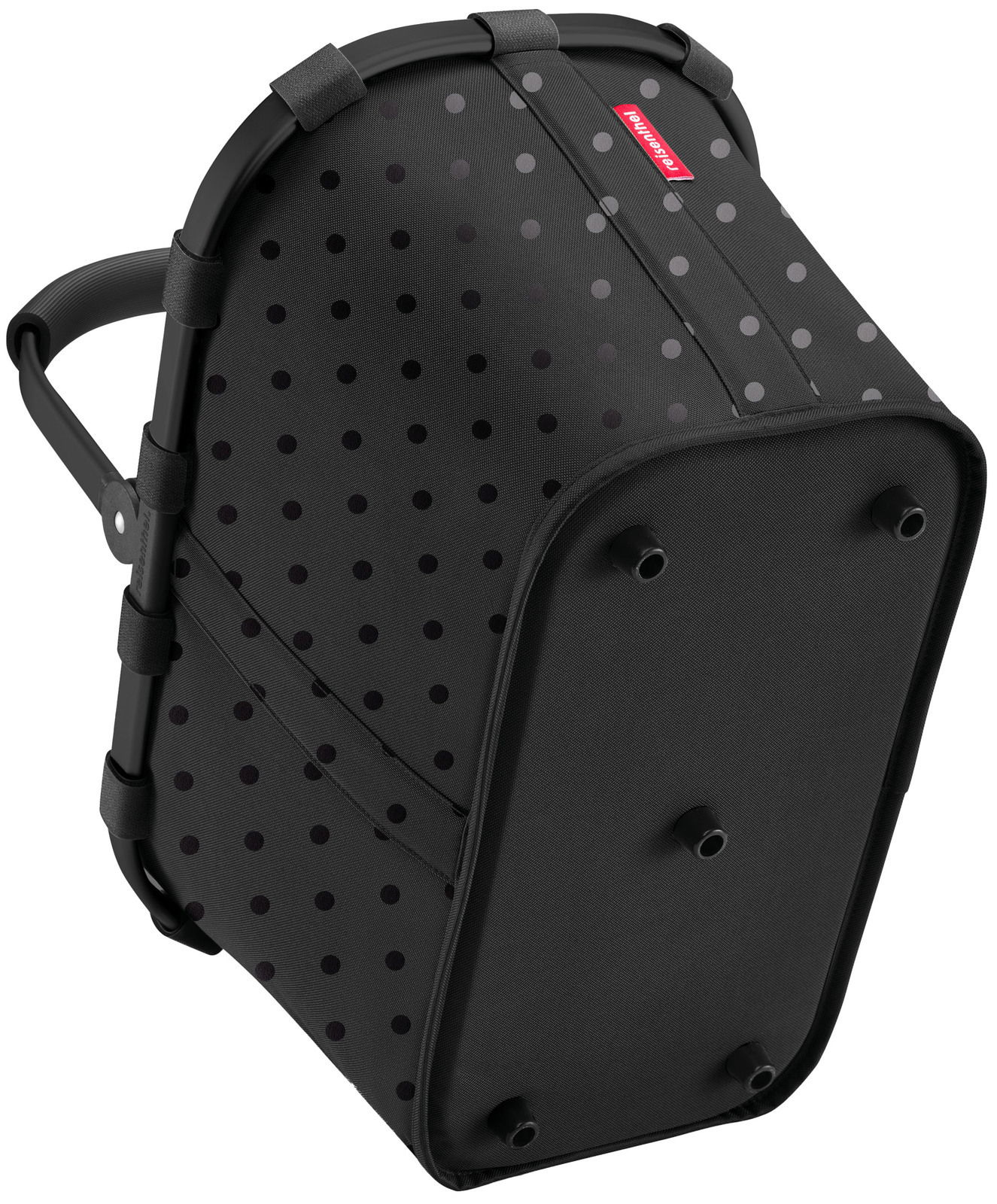 Schwarzer Einkaufskorb mit glänzenden Punkten, seitliche Perspektive