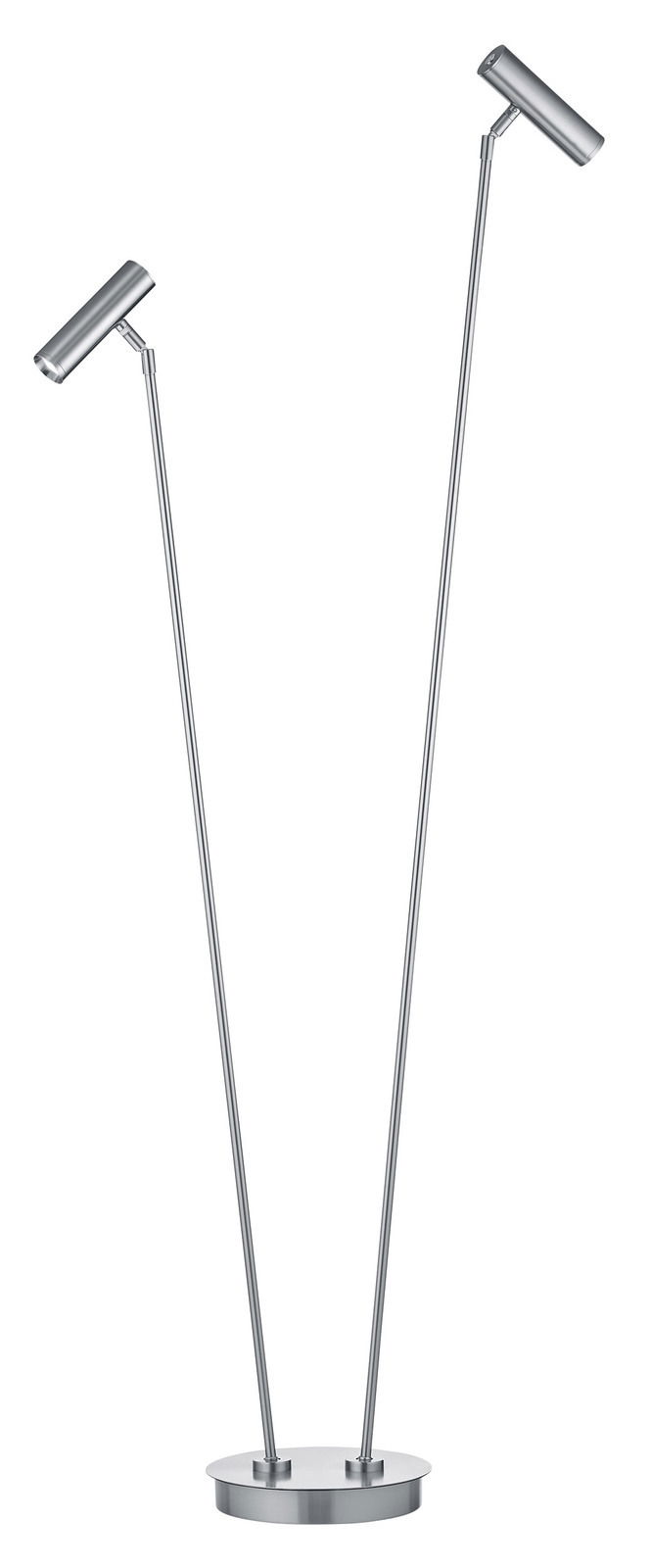 Moderne LED-Stehleuchte mit zwei verstellbaren Leuchtenköpfen in silberner Metalloptik, seitliche Perspektive.