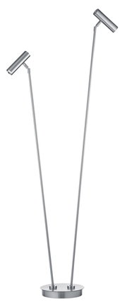 Moderne LED-Stehleuchte mit zwei verstellbaren Leuchtenköpfen in silberner Metalloptik, seitliche Perspektive.