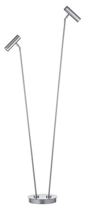 Moderne led-staande lamp met twee verstelbare lampkoppen in zilverkleurig metaal, zijaanzicht.