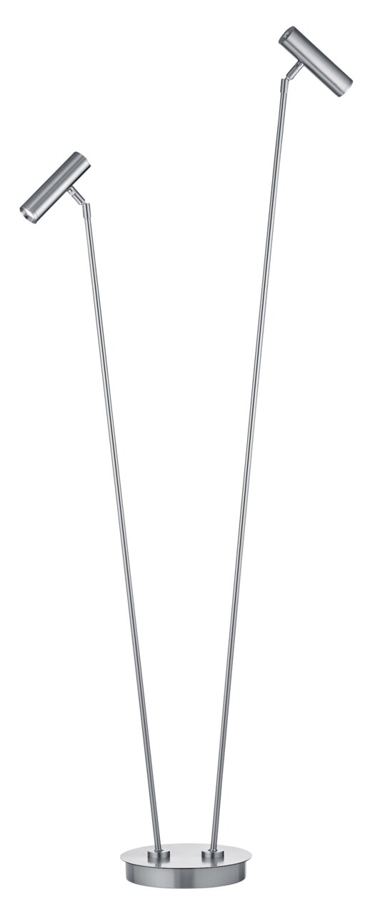 Moderne led-staande lamp met twee verstelbare lampkoppen in zilverkleurig metaal, zijaanzicht.