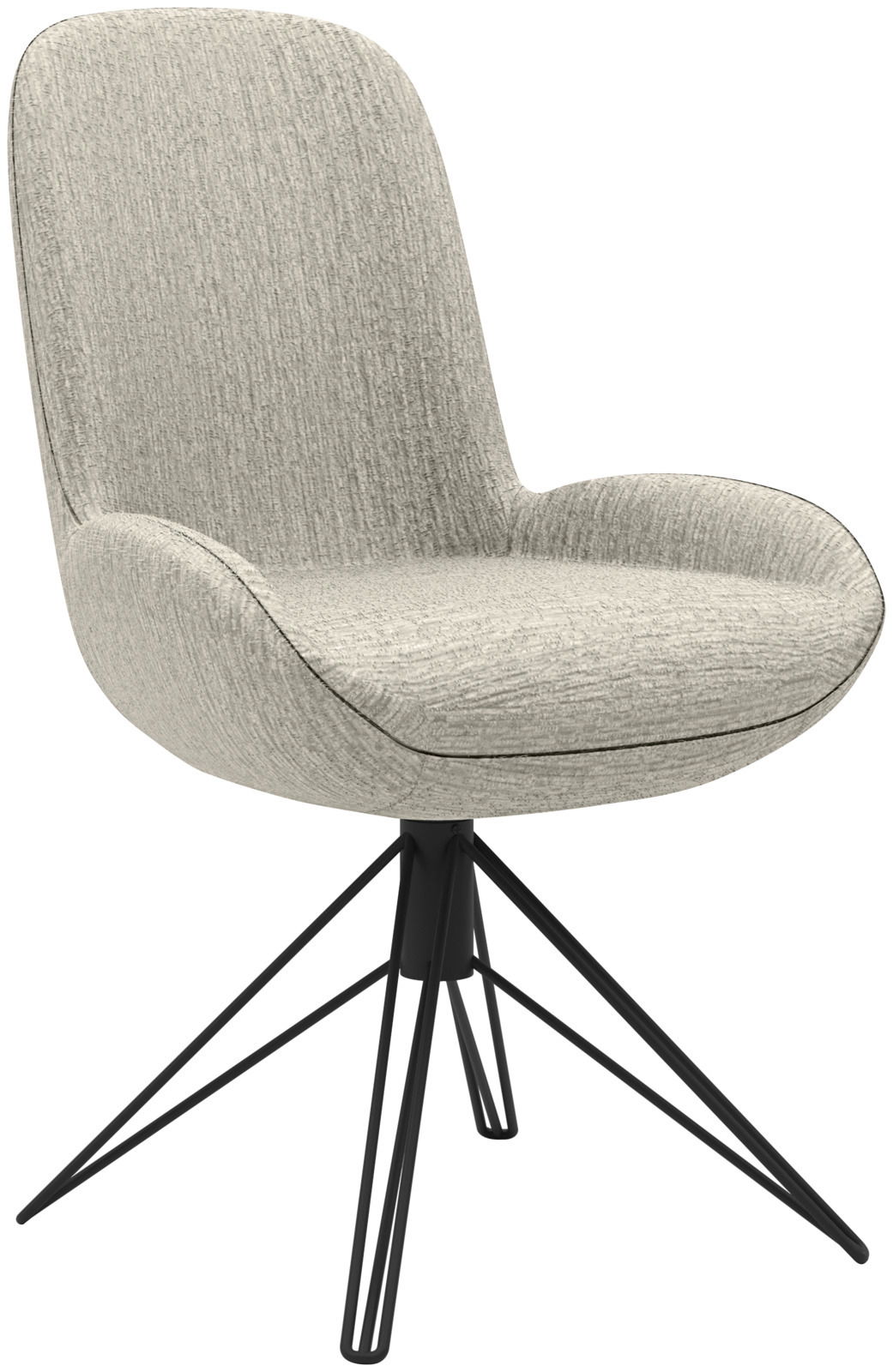 Moderner Stuhl mit grauem Stoffbezug und schwarzem Metallgestell, seitliche Perspektive