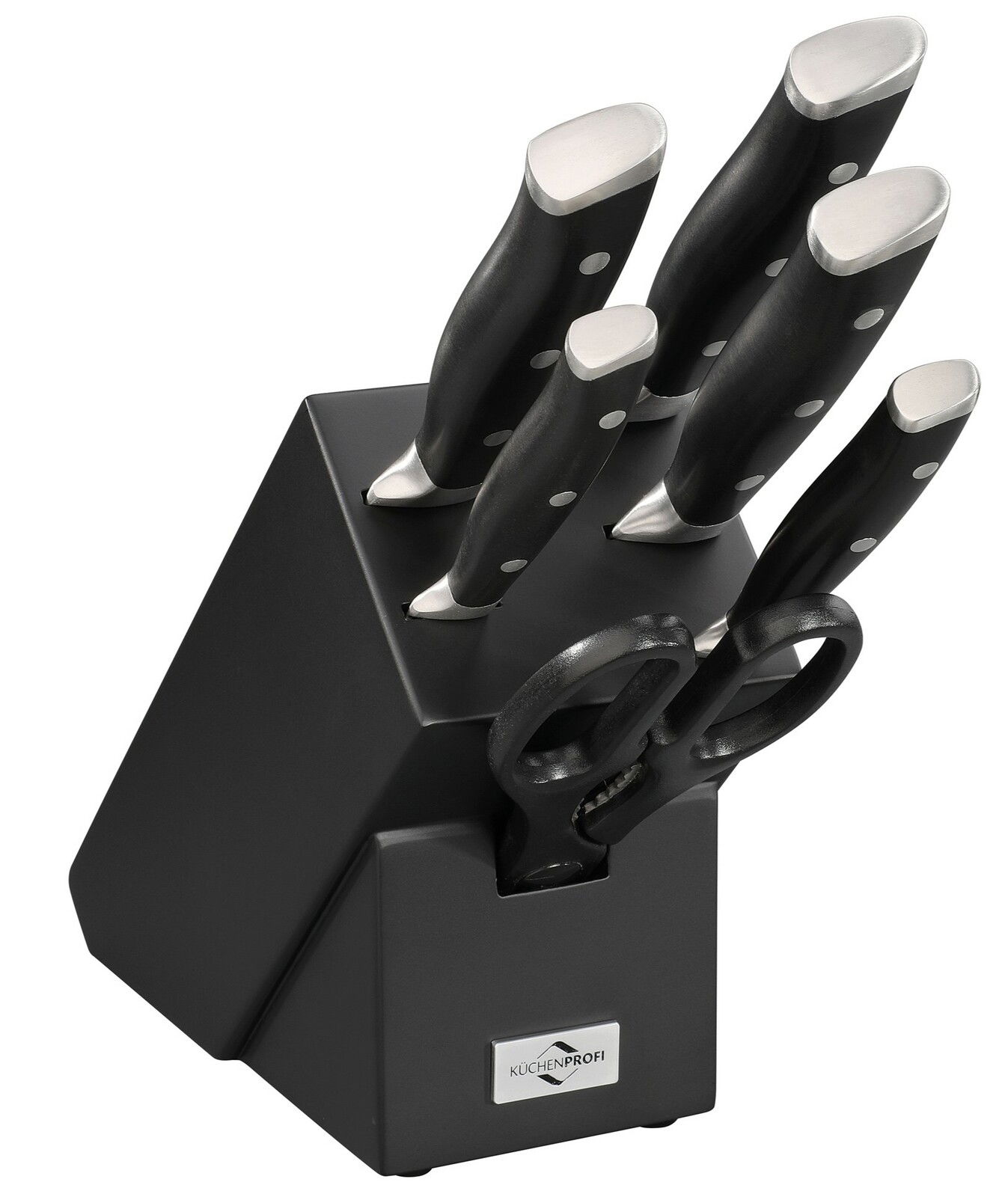 Messerblock PRIMUS CLASSIC mit sieben Teilen, darunter fünf Messer und eine Schere, aus schwarzem Holz mit silbernen Klingen, seitliche Perspektive