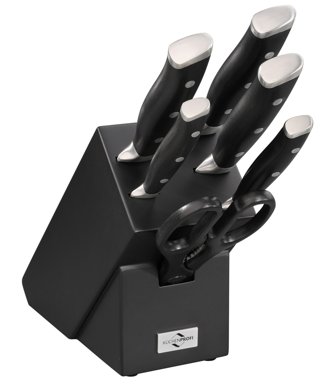 Messerblock PRIMUS CLASSIC mit sieben Teilen, darunter fünf Messer und eine Schere, aus schwarzem Holz mit silbernen Klingen, seitliche Perspektive