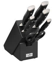 Messerblock PRIMUS CLASSIC mit sieben Teilen, darunter fünf Messer und eine Schere, aus schwarzem Holz mit silbernen Klingen, seitliche Perspektive