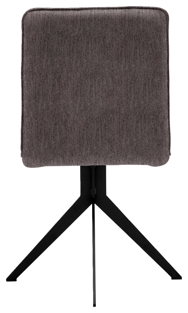 Rückansicht eines modernen Stuhls mit grauem Stoffbezug und schwarzem Metallgestell.