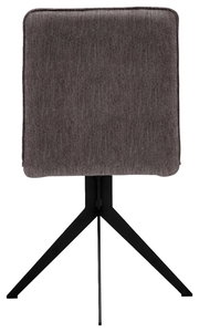 Rückansicht eines modernen Stuhls mit grauem Stoffbezug und schwarzem Metallgestell.