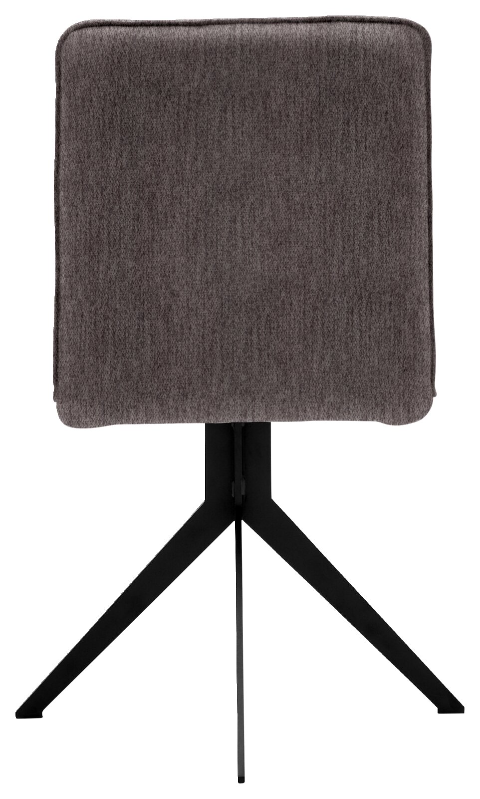 Achterkant van een moderne stoel met grijze stoffen bekleding en een zwart metalen frame.
