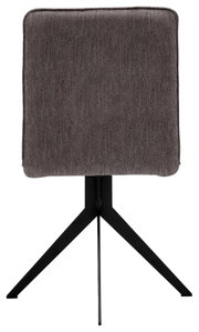 Achterkant van een moderne stoel met grijze stoffen bekleding en een zwart metalen frame.
