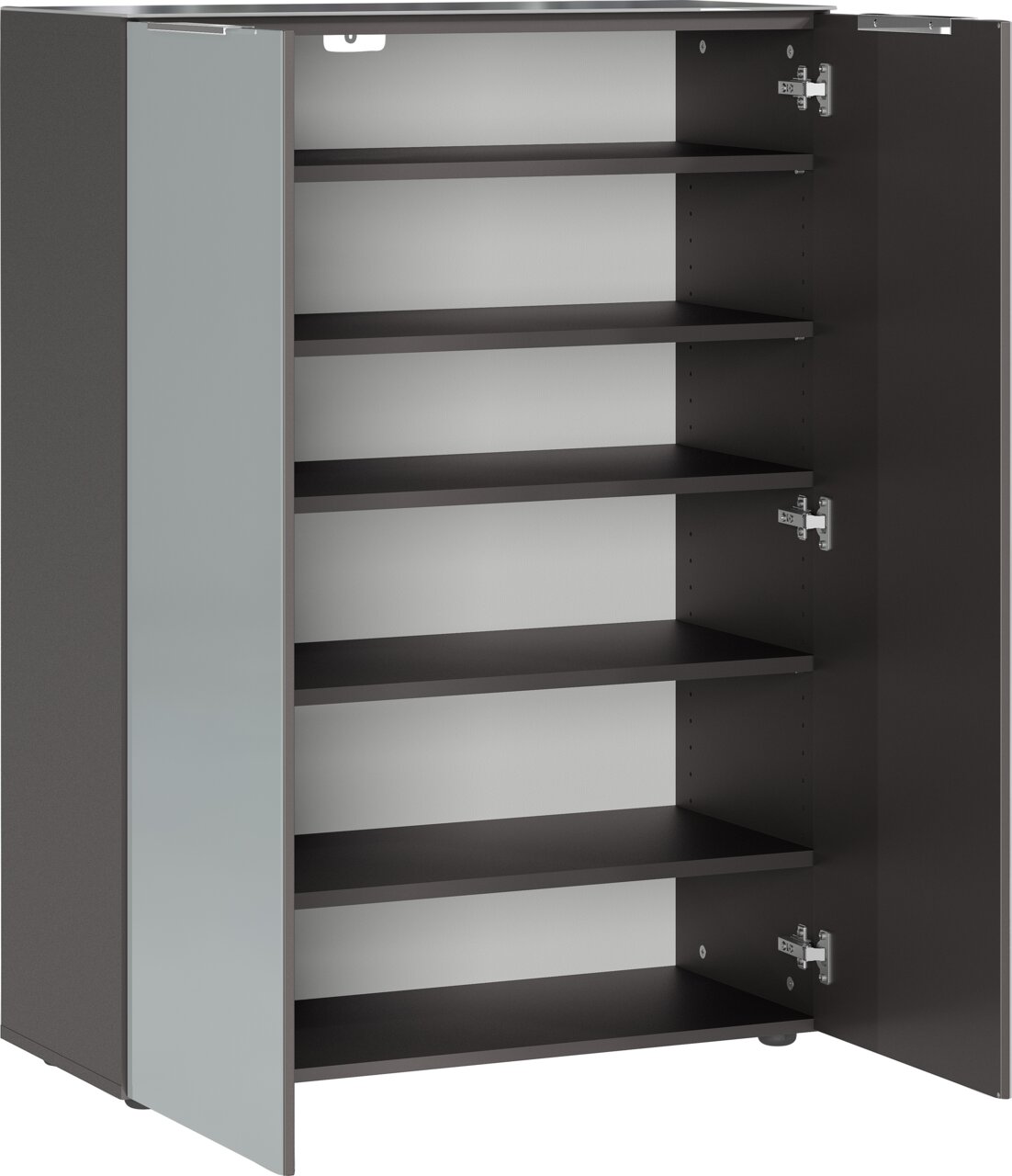 Offener Schuhschrank mit mehreren Regalböden, seitliche Perspektive