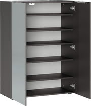 Offener Schuhschrank mit mehreren Regalböden, seitliche Perspektive