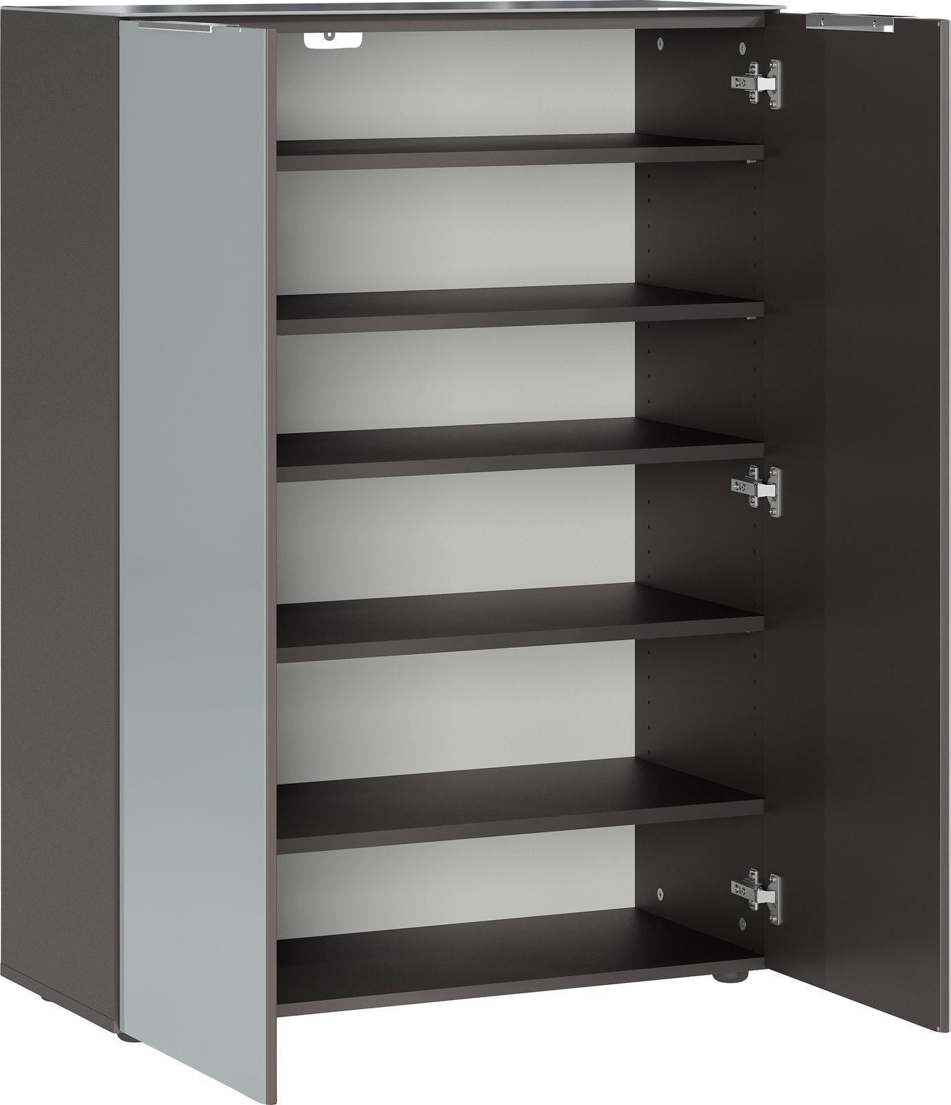 Offener Schuhschrank mit mehreren Regalböden, seitliche Perspektive