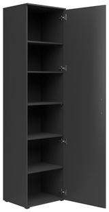 Schwarzer Mehrzweckschrank mit geöffneter Tür, fünf Einlegeböden, seitliche Perspektive