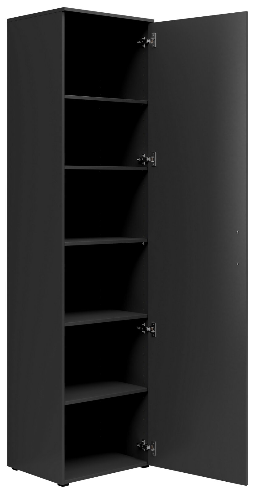 Schwarzer Mehrzweckschrank mit geöffneter Tür, fünf Einlegeböden, seitliche Perspektive