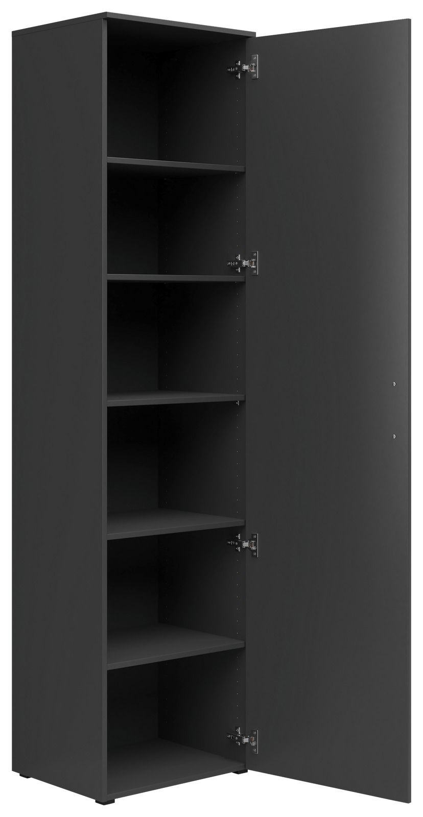 Schwarzer Mehrzweckschrank mit geöffneter Tür, fünf Einlegeböden, seitliche Perspektive