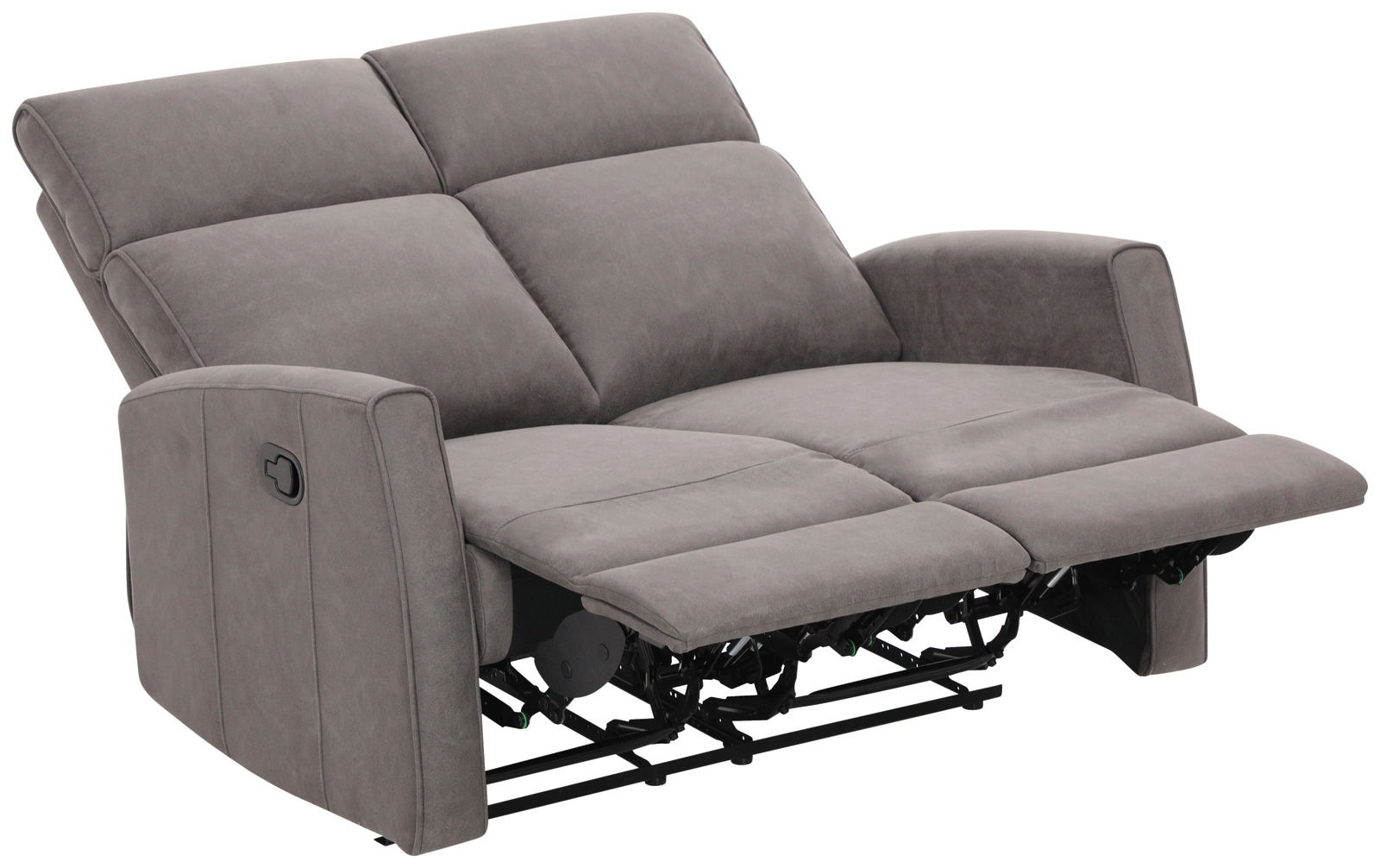 Graues 2-Sitzer-Sofa mit verstellbaren Rückenlehnen und Fußstützen, seitliche Perspektive