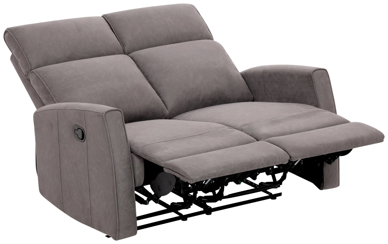 Graues 2-Sitzer-Sofa mit verstellbaren Rückenlehnen und Fußstützen, seitliche Perspektive