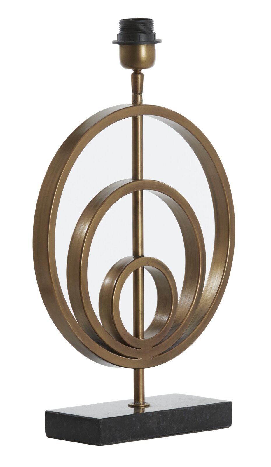 Moderner Lampenfuß aus Metall in antikem Messing-Finish mit kreisförmigem Design, seitliche Perspektive.
