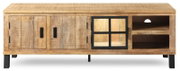 Vooraanzicht van een houten lowboard met twee deuren, een glazen inzetstuk en open planken.