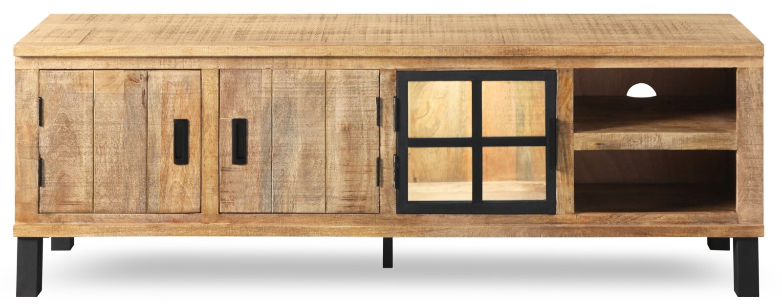 Vooraanzicht van een houten lowboard met twee deuren, een glazen inzetstuk en open planken.