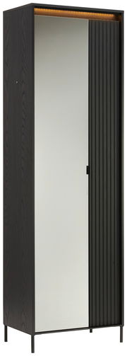 Schwarzer Garderobenschrank mit Spiegel und geriffelter Tür, seitliche Perspektive