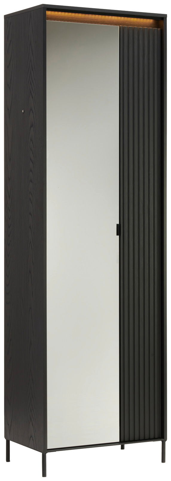 Schwarzer Garderobenschrank mit Spiegel und geriffelter Tür, seitliche Perspektive