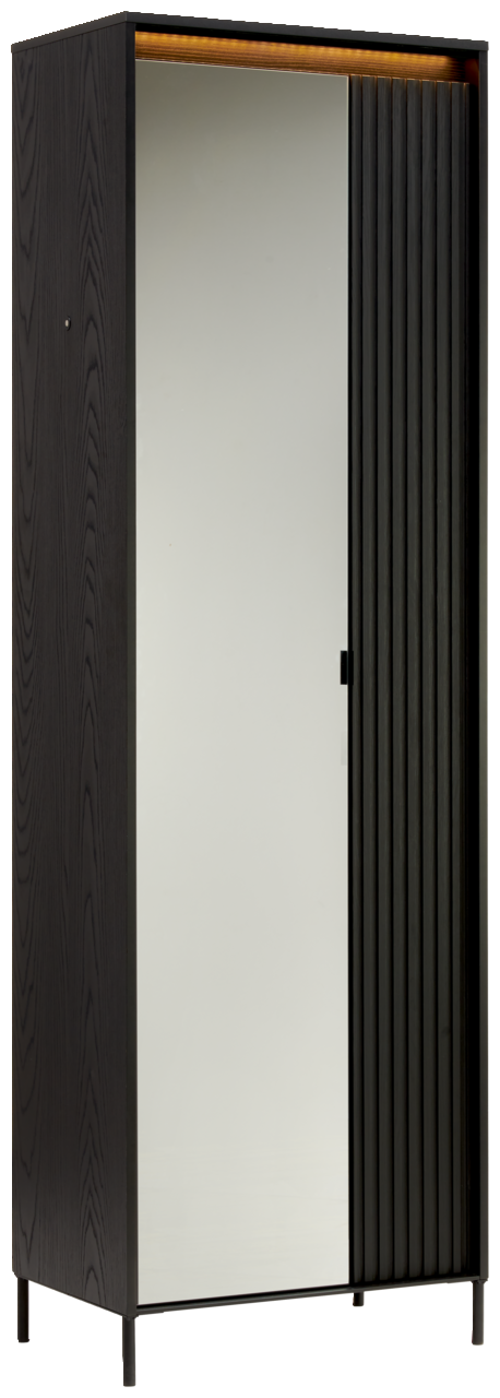 Hom´in Garderobenschrank NOTO Schwarzer Garderobenschrank mit Spiegel und geriffelter Tür, seitliche Perspektive
