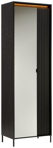 Schwarzer Garderobenschrank mit Spiegel und geriffelter Tür, seitliche Perspektive
