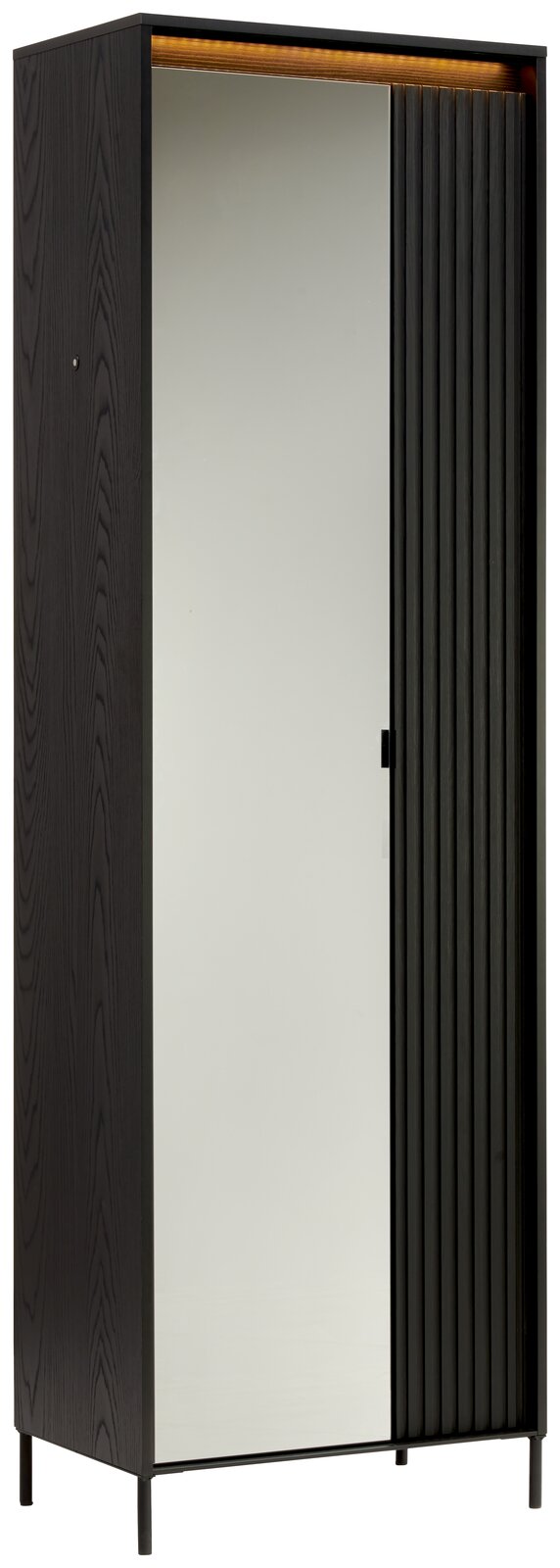Schwarzer Garderobenschrank mit Spiegel und geriffelter Tür, seitliche Perspektive