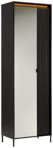 Schwarzer Garderobenschrank mit Spiegel und geriffelter Tür, seitliche Perspektive