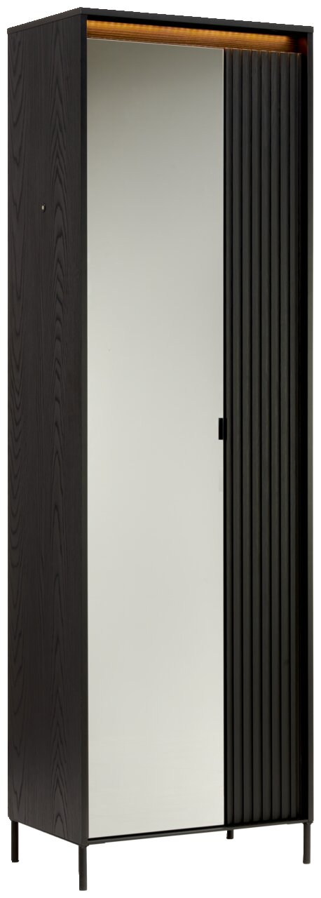 Hom´in Garderobenschrank NOTO Schwarzer Garderobenschrank mit Spiegel und geriffelter Tür, seitliche Perspektive