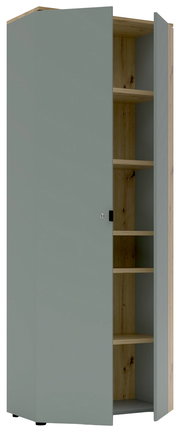 Büroschrank mit geöffneter Tür, zeigt Innenregale aus Holz, Perspektive von vorne links