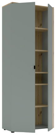 Büroschrank mit geöffneter Tür, zeigt Innenregale aus Holz, Perspektive von vorne links