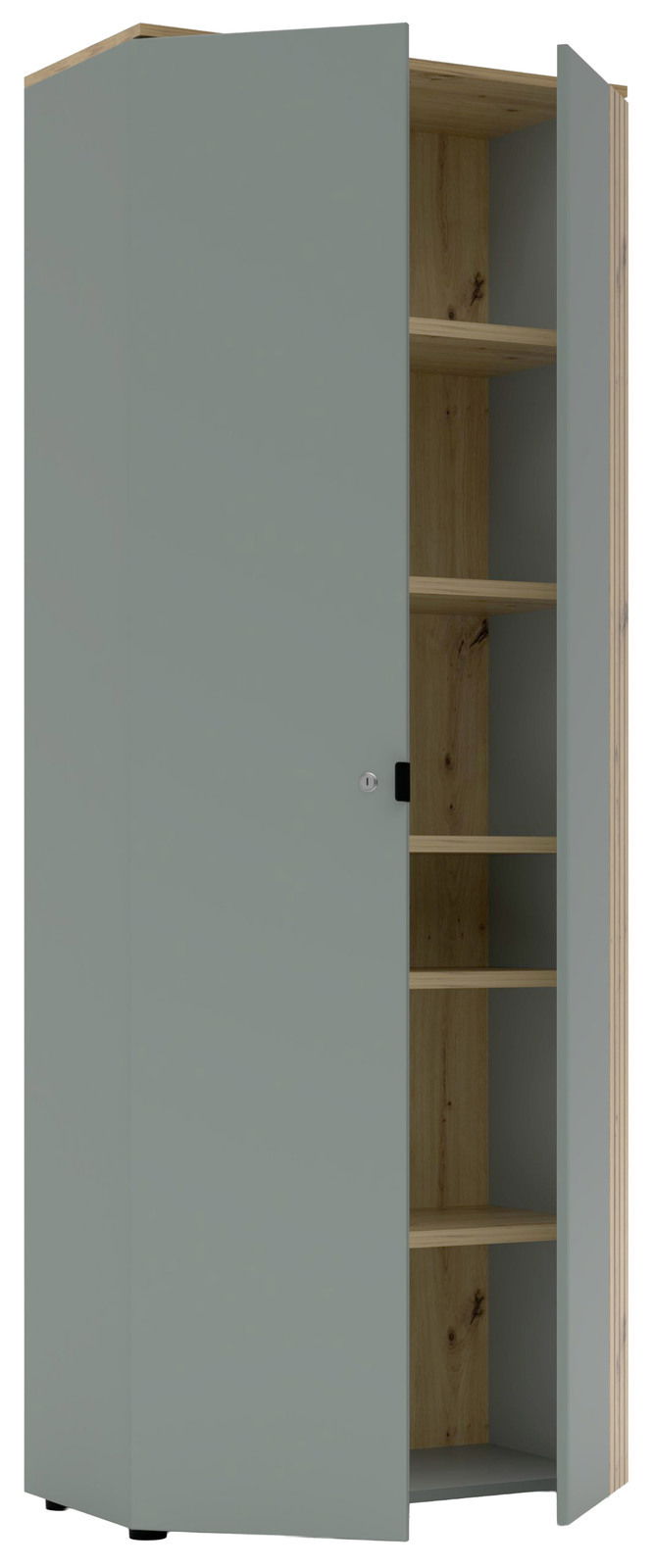 Büroschrank mit geöffneter Tür, zeigt Innenregale aus Holz, Perspektive von vorne links