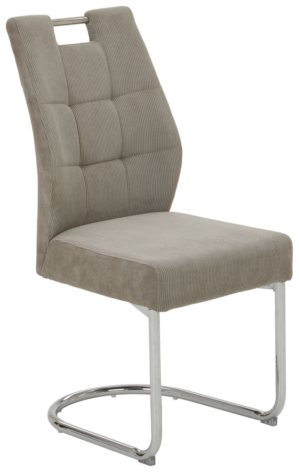 Moderner Schwingstuhl OLEG mit gepolsterter Rückenlehne und Sitzfläche in Seitenansicht, verchromtes Gestell.