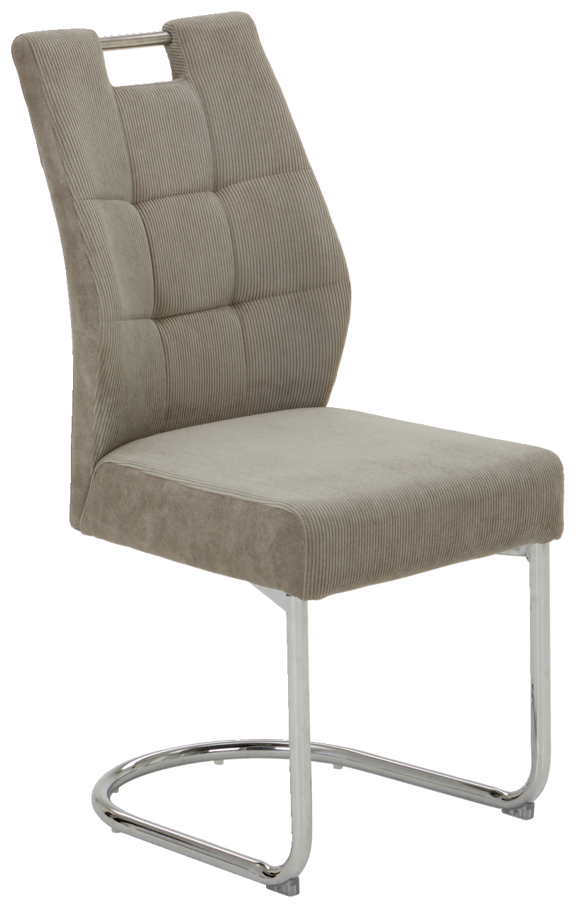 Moderner Schwingstuhl OLEG mit gepolsterter Rückenlehne und Sitzfläche in Seitenansicht, verchromtes Gestell.