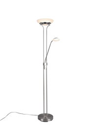 Moderner LED-Deckenfluter mit zusätzlicher Leselampe, silberfarben, seitliche Perspektive