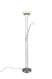 Moderner LED-Deckenfluter mit zusätzlicher Leselampe, silberfarben, seitliche Perspektive