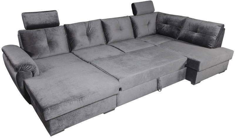 Graues Ecksofa mit verstellbaren Kopfstützen und Armlehnen, Perspektive von schräg oben.