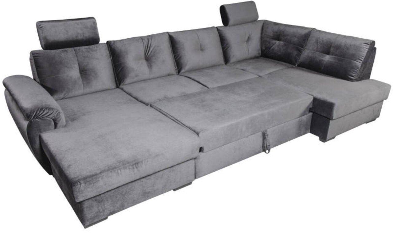 Graues Ecksofa mit verstellbaren Kopfstützen und Armlehnen, Perspektive von schräg oben.