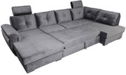 Graues Ecksofa mit verstellbaren Kopfstützen und Armlehnen, Perspektive von schräg oben.