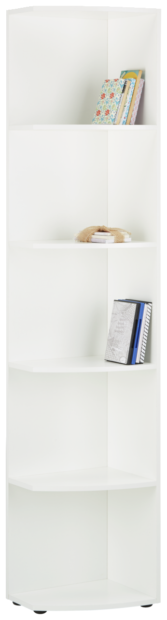 XORA Abschlussregal MULTIRAUMKONZEPT Weißes Eckregal mit fünf offenen Fächern, frontal fotografiert, ideal zur Aufbewahrung von Büchern und Dekorationen.